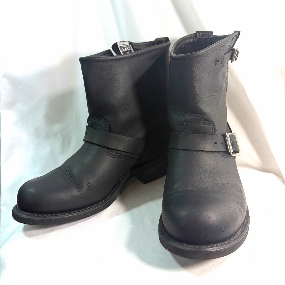 Women's 8.5 M FRYE 701 Leather Engineer Short Boots Black Moto Biker Buckle